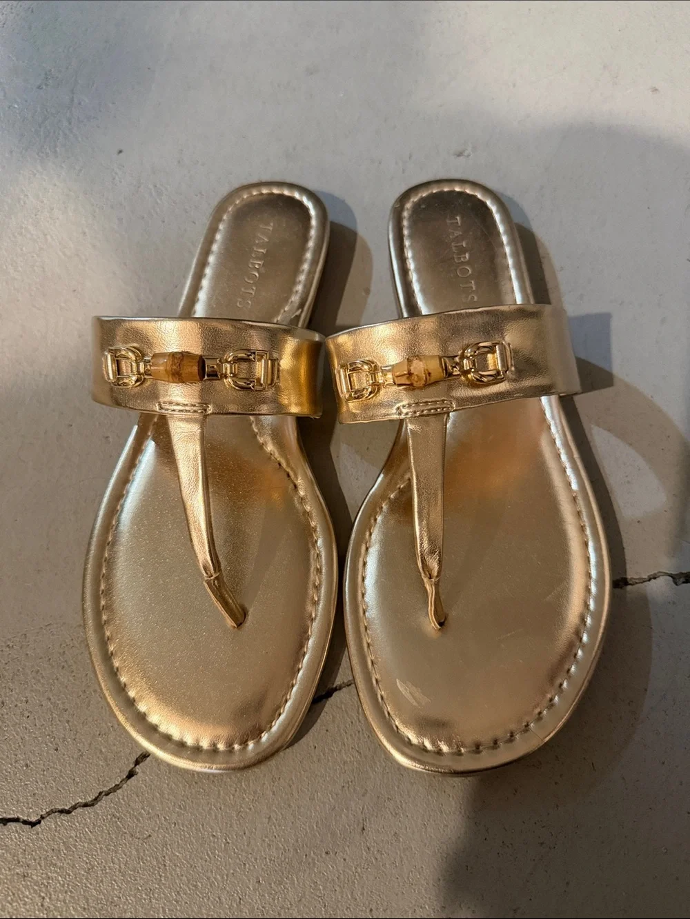Talbots Metallic Gold Leather Thong Sandals with Horsebit Accent